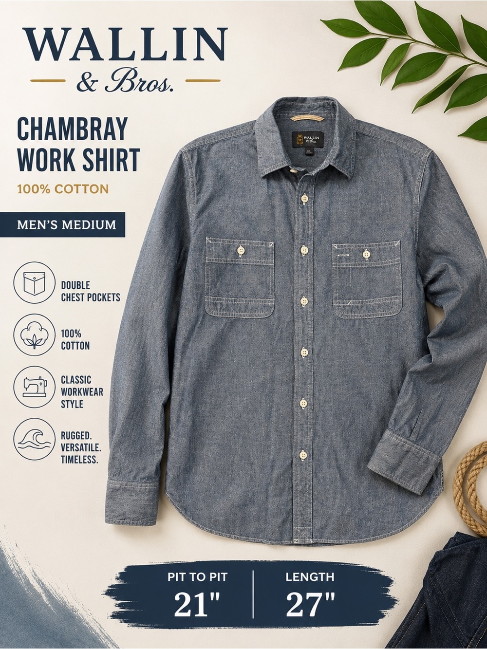 Wallin & Bros Men’s Chambray Work Shirt Medium Blue Cotton Double Pocket